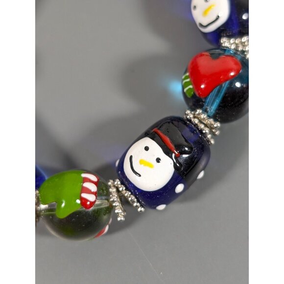 Winter Holiday Glass Stretch Bracelet Blue Green Red Heart Snowman Painted 6.5" - Picture 4 of 8